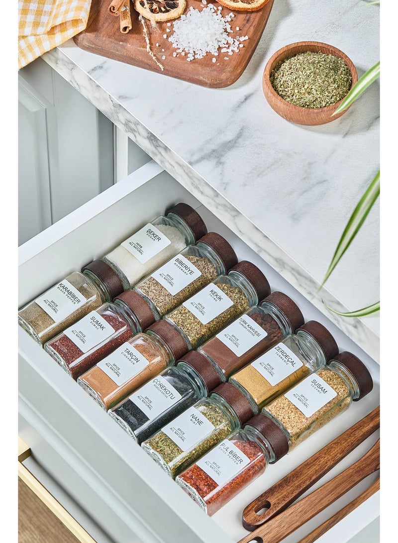 Kitchen Life 12-Piece Square Glass Spice Jar Set with Acacia Lids / 56 Labels Included as a Gift / 12-Piece Spice Jar Set Made in Turkey - Image 1
